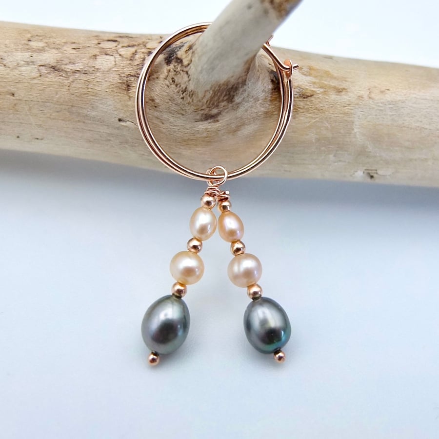 Freshwater Pearl & Rose Vermeil Hoop Earrings, June Birthday, 30th Anniversary