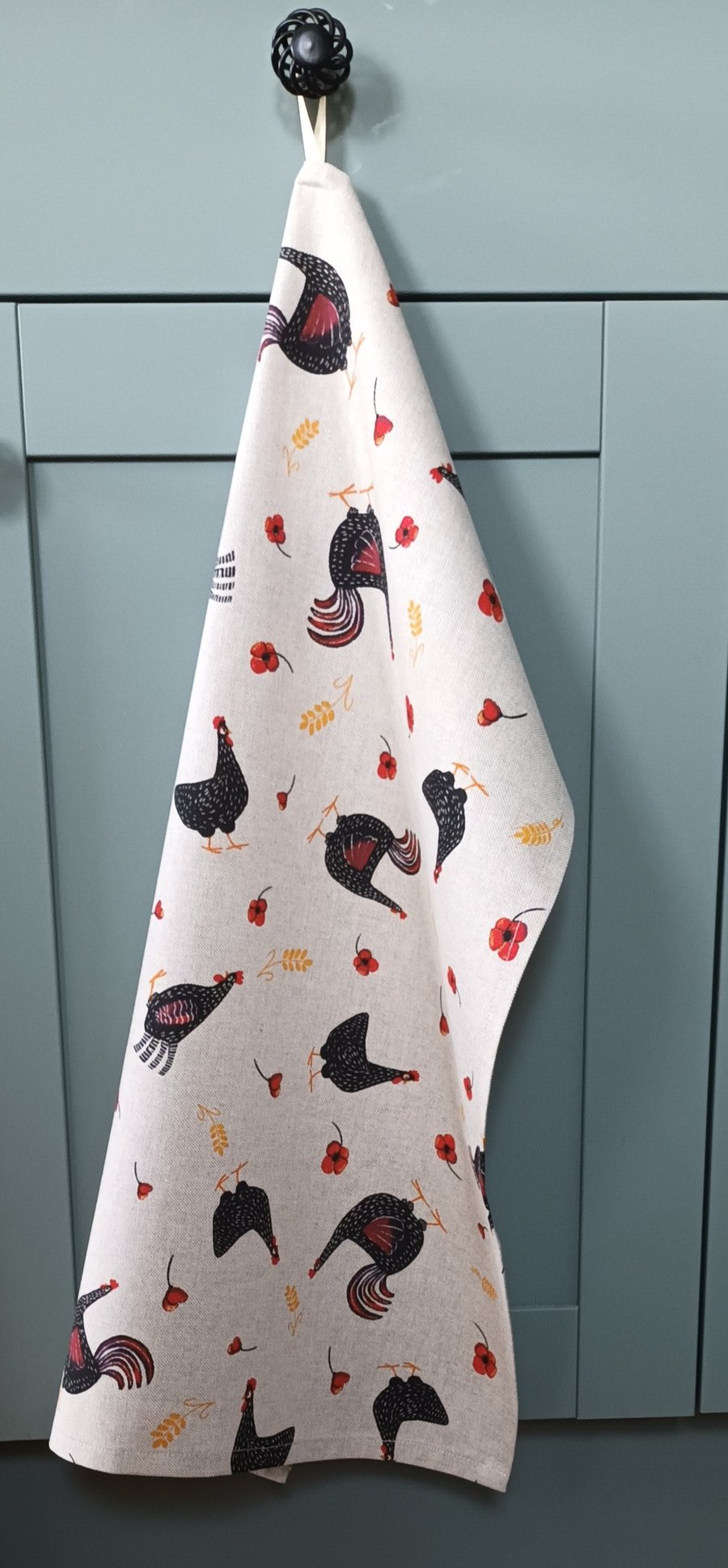 Black Speckled Hen And Red Poppy Tea Towel. Natural Linen look. Free Delivery.