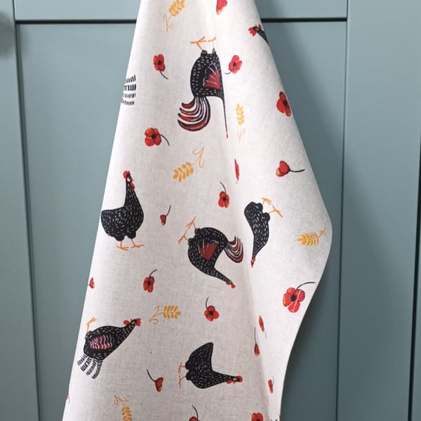 Black Speckled Hen And Red Poppy Tea Towel. Natural Linen look. Free Delivery.
