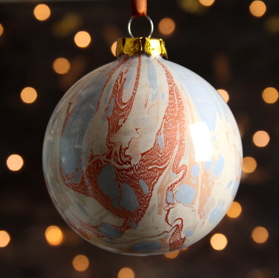 Large ceramic Christmas decoration bauble copper and pale blue