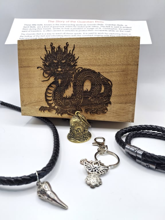 Bikers Gift Box  Biker Bell Gremlin Bell Black Leather Bracelet Necklace Keyring