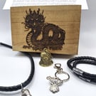 Bikers Gift Box  Biker Bell Gremlin Bell Black Leather Bracelet Necklace Keyring
