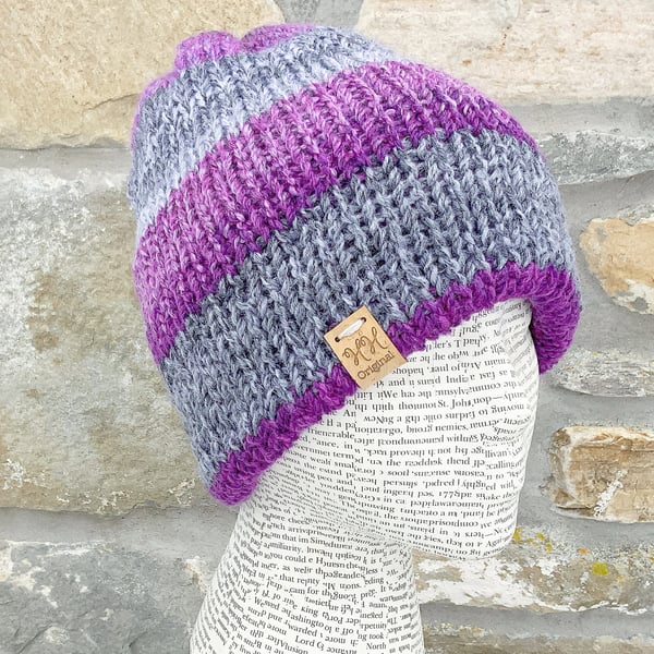 Reversible Hat. Striped Hat. Purple Hat. Beanie. Slouchy. Knitted Hat. Wool Hat.