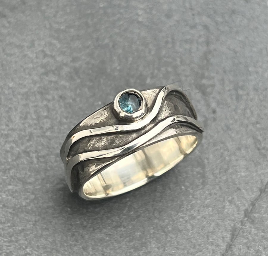 Blue Topaz Wave Ring, Blue Topaz Ring, silver wave ring, ocean ring, sea ring, l