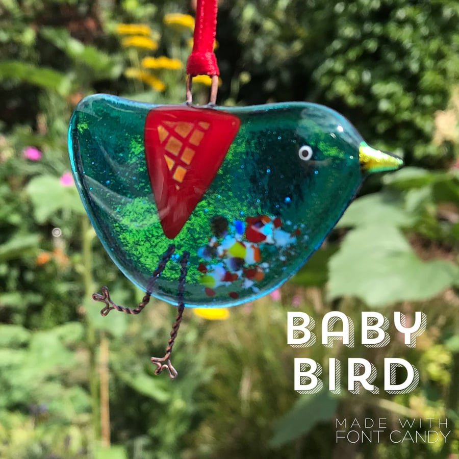 Turquoise fused glass BABY bird