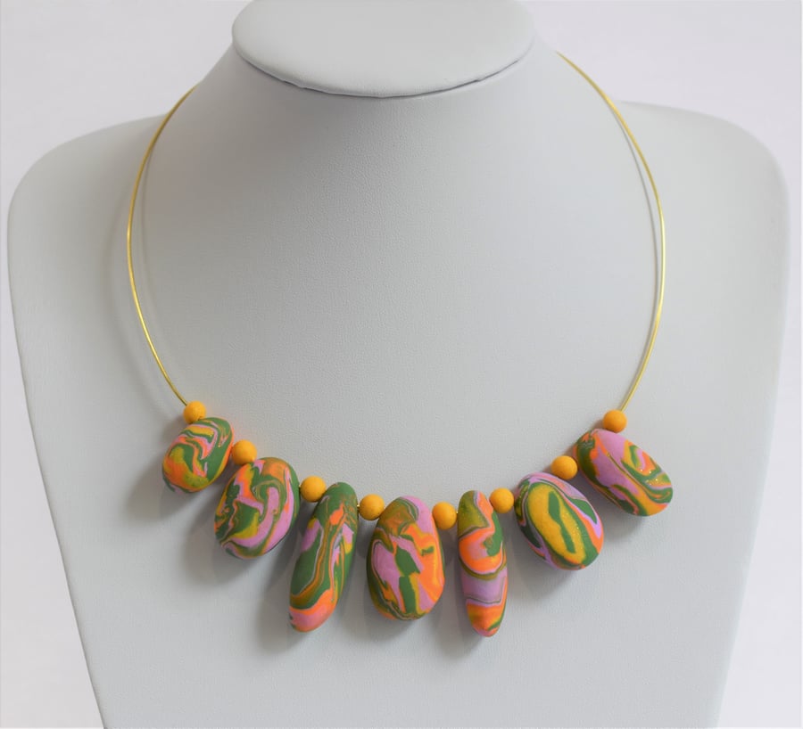 Gold, Lavender, Orange & Green Polymer Clay Pebbles Beaded on Wire Necklace