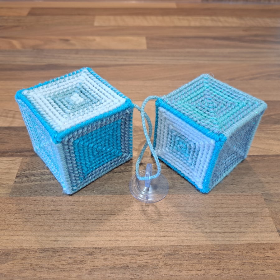 Blue and white cubes, window decoration with sucker-cup attachment