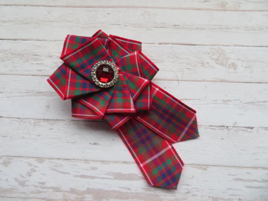 Fraser Red Tartan Ribbon Ruffle & Crystal Brooch 