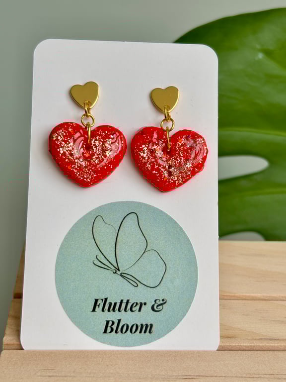 Red and Gold Glitter Heart Dangle Earrings 