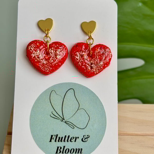 Red and Gold Glitter Heart Dangle Earrings 
