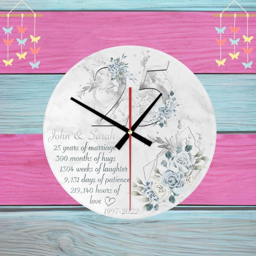 Silver Wedding Personalised Wall Clock, Original Design 20cm or 30cm Available
