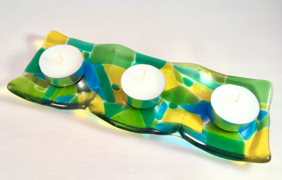 Green, Blue & Yellow Fused Glass Tripple Tea Light or Trinket Tray Dish