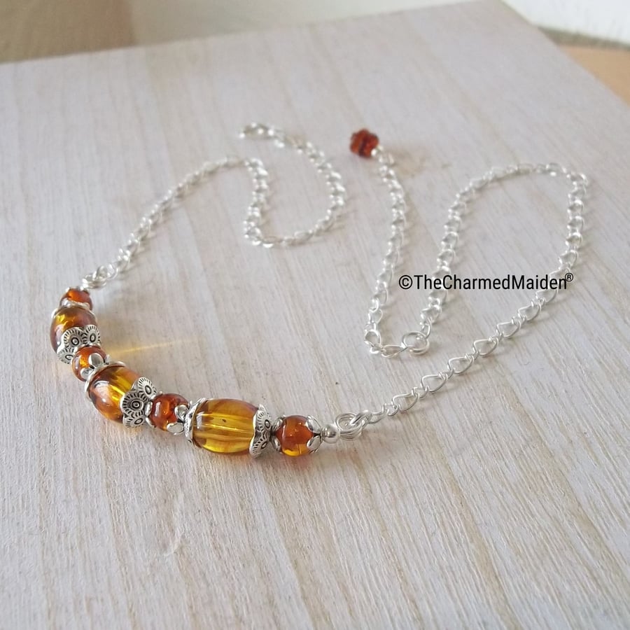 Amber Effect Beaded Necklace, Adjustable length, Matching Earrings available