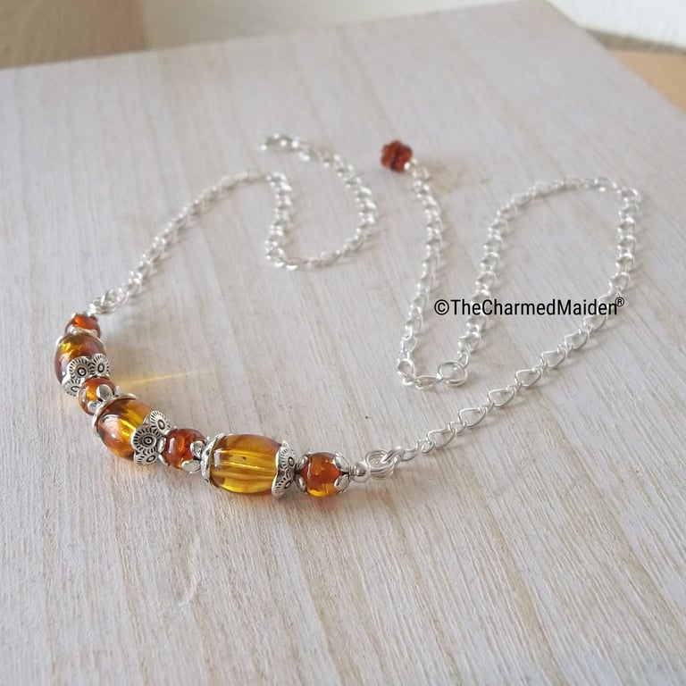 Amber Effect Beaded Necklace, Adjustable length, Matching Earrings available