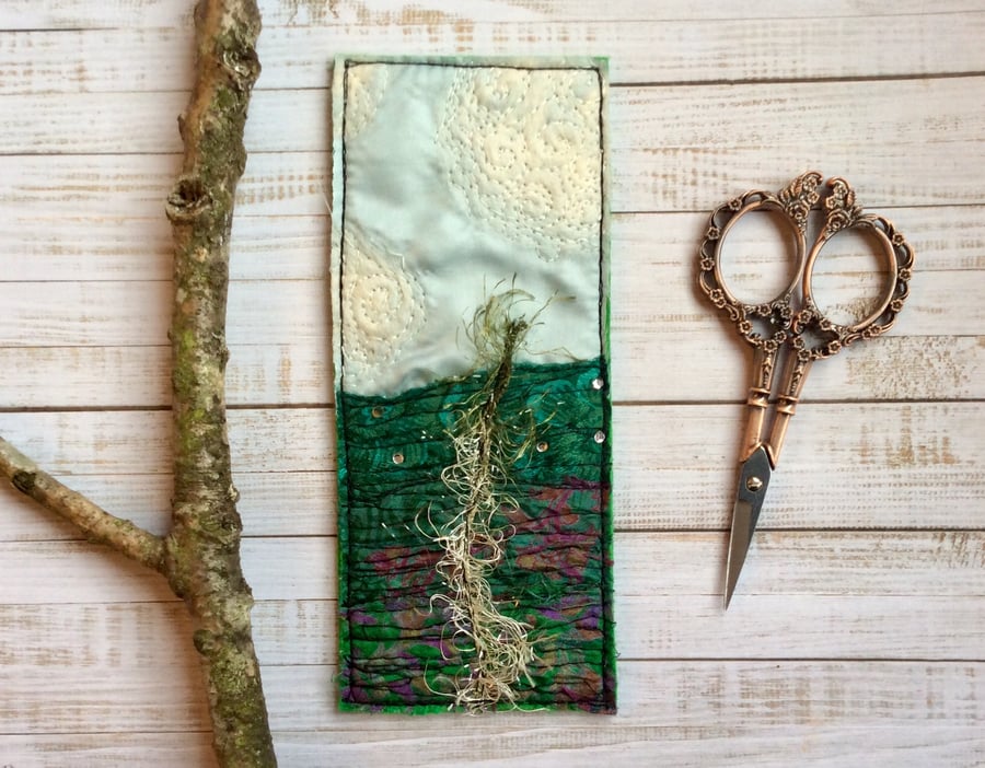 Embroidered up-cycled landscape bookmark. 