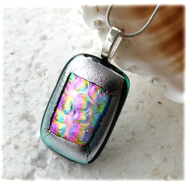 Dichroic Glass Pendant 261 Silver Bubbles Handmade with silver plated chain