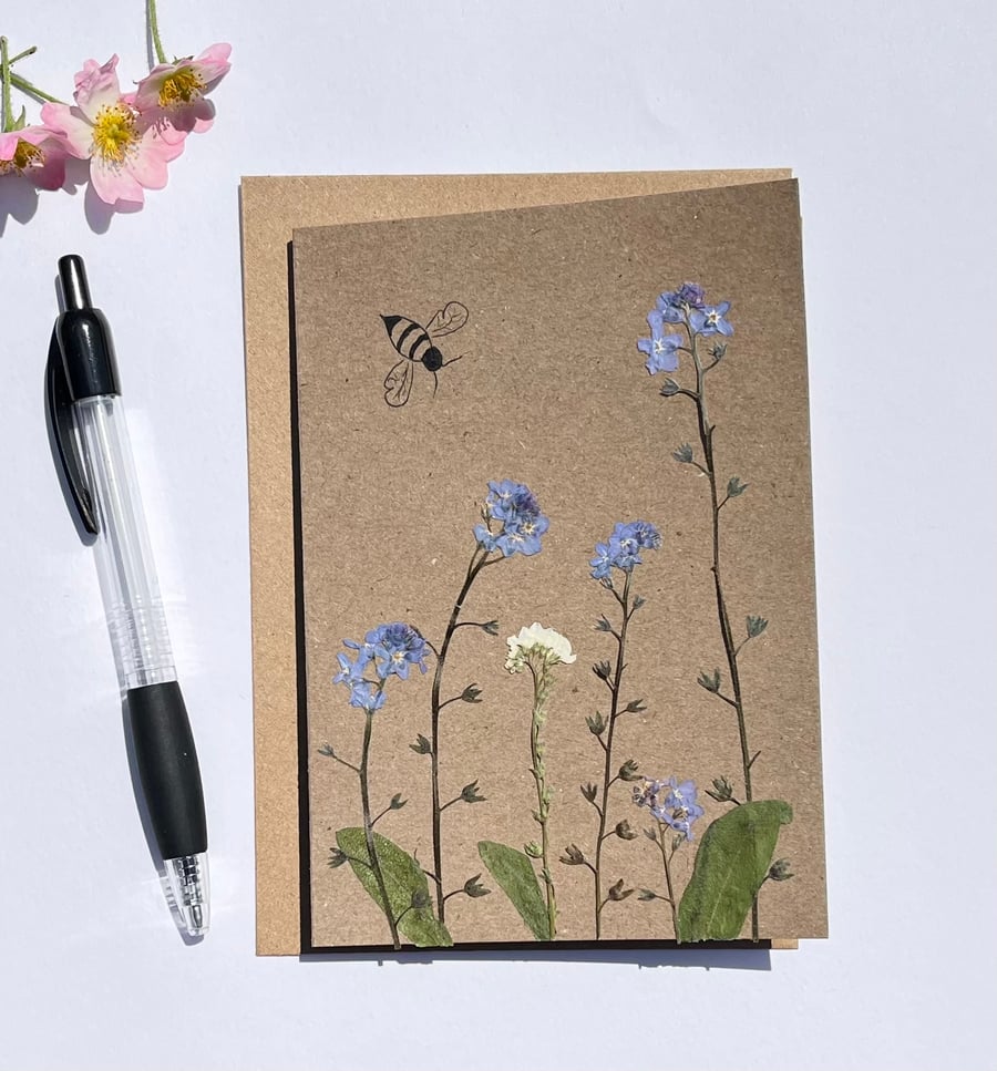 Handmade Real Pressed Flower Forget-me-not Blank Card