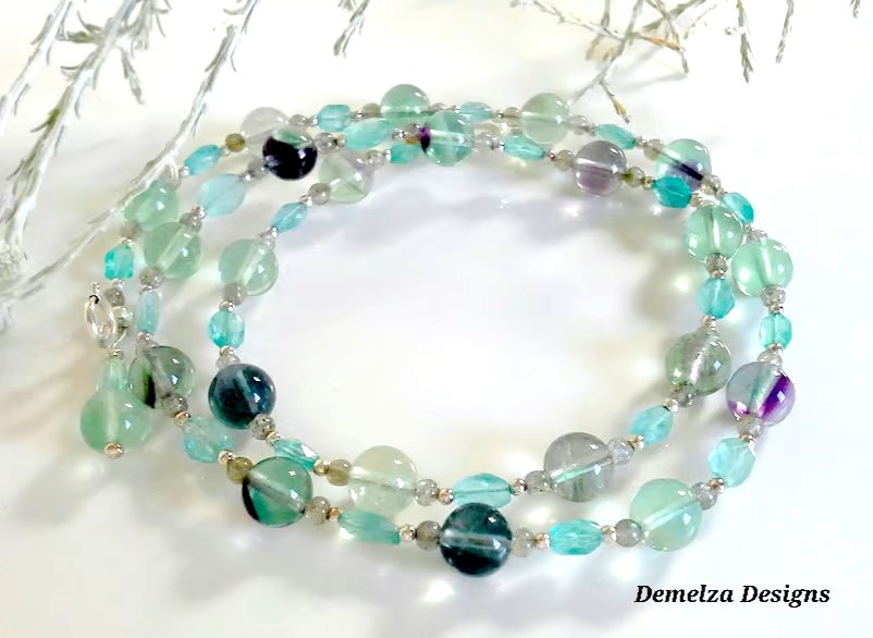 Designer Natural Apatite & Fluorite Hand Made Sterling Silver Necklace