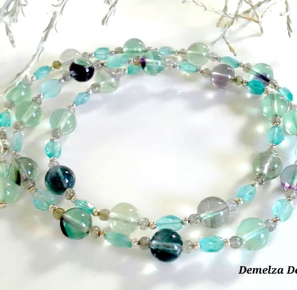 Designer Natural Apatite & Fluorite Hand Made Sterling Silver Necklace