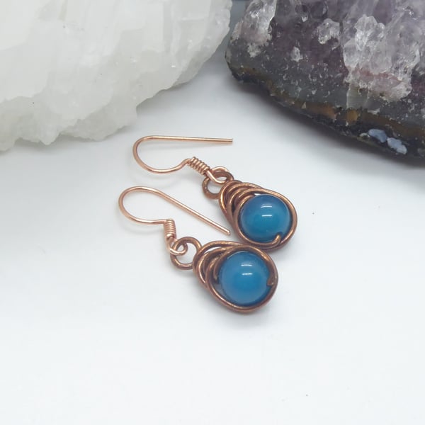 Blue Agate Earrings, weathered bare copper wrap on rose gold plated hooks