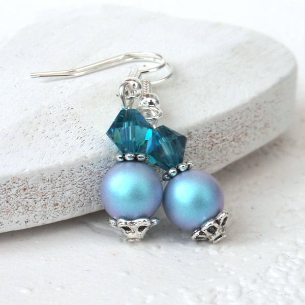 Blue earrings with crystal pearl and crystals by Swarovski
