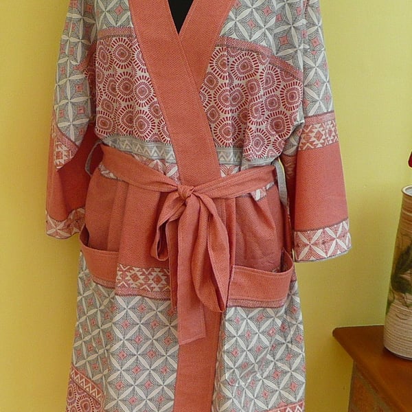 Ladies dressing gown kimono bath robe salmon pink grey upcycled summer robe