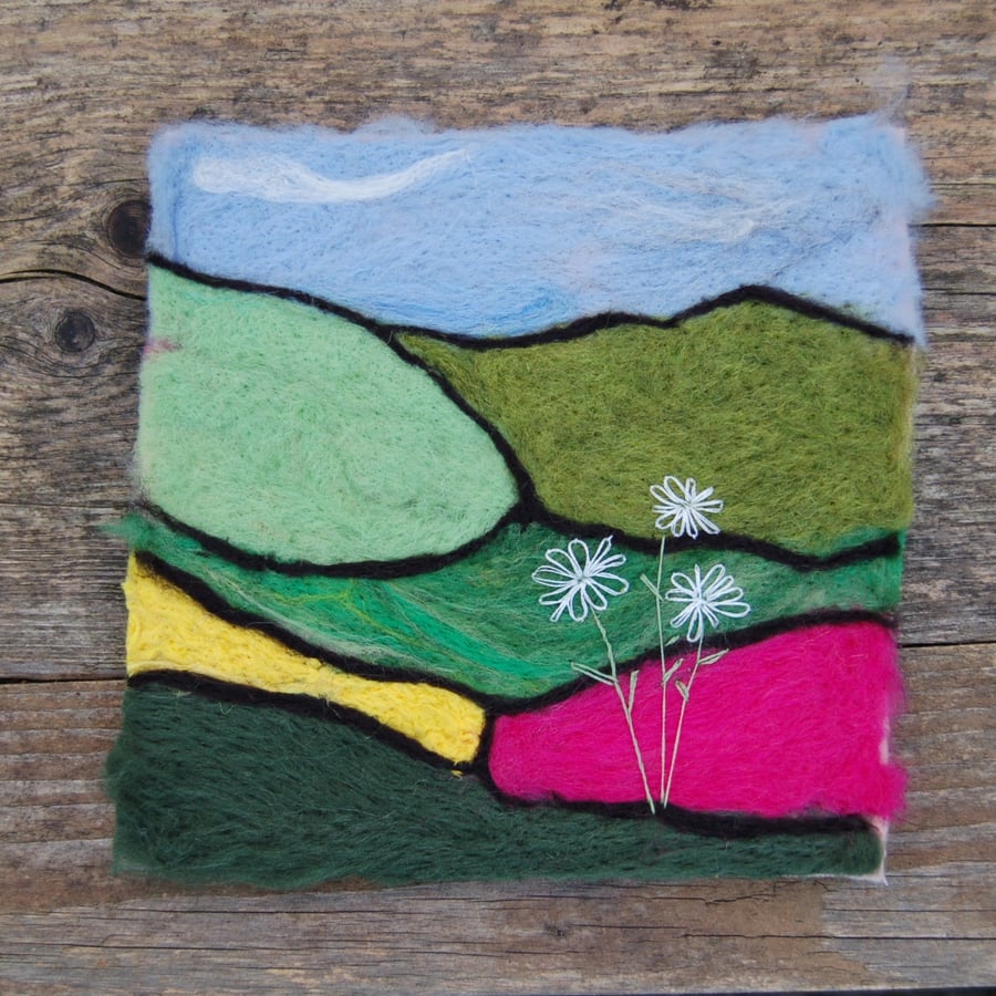 Needle felted picture - Countryside scene.  Available unframed or with a frame. 