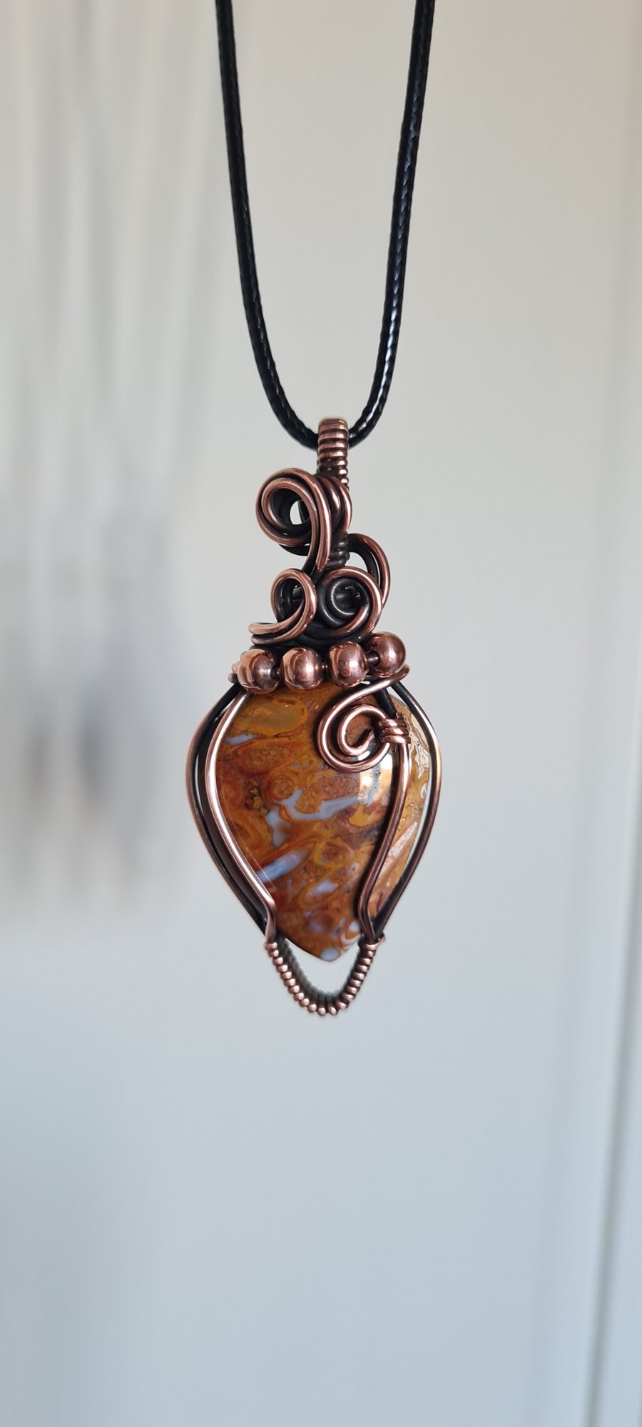 Handmade Natural Plume Agate & Copper Necklace Pendant Crystal Jewellery Gift