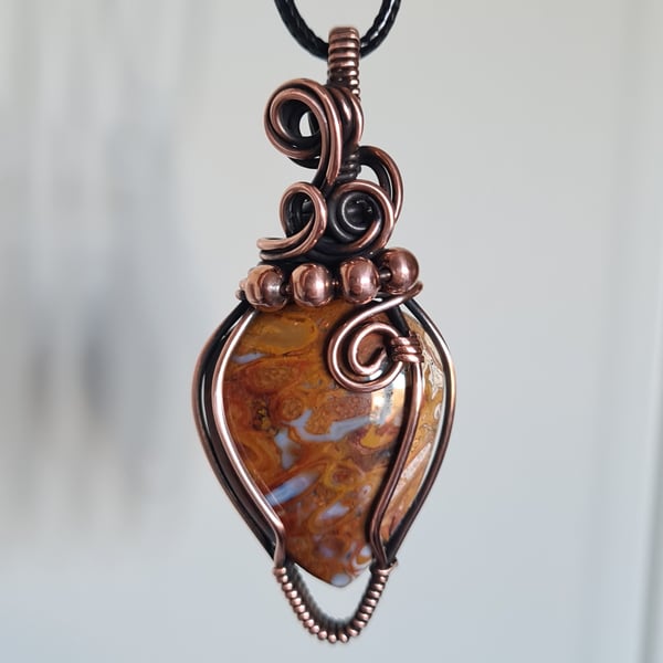 Handmade Natural Plume Agate & Copper Necklace Pendant Crystal Jewellery Gift