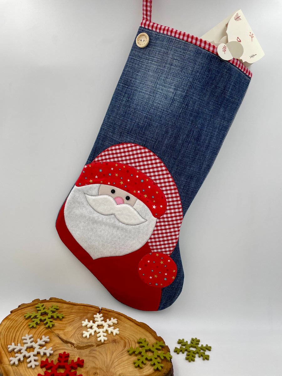 Appliqué Santa denim stocking