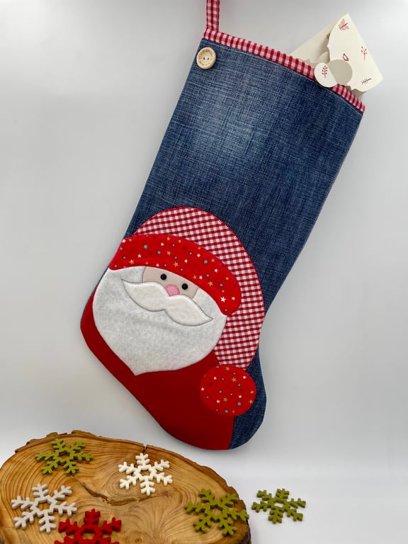 Appliqué Santa denim stocking
