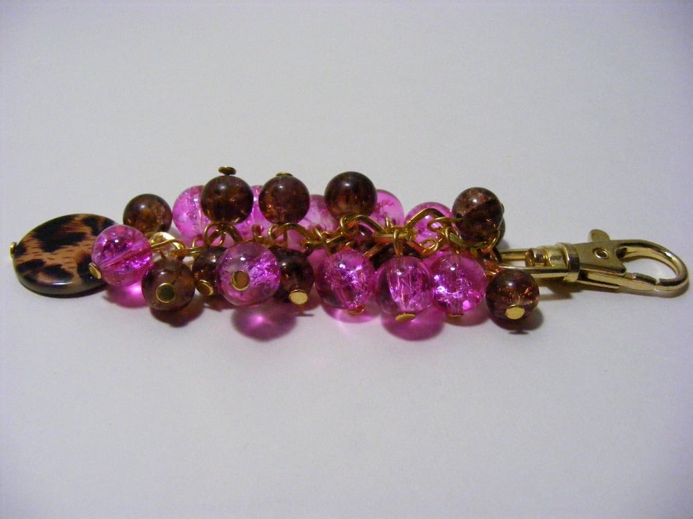 Brown and Pink Crackle Glass Bag Charm