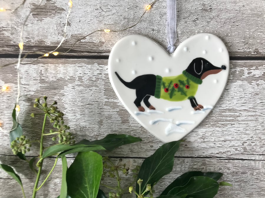 Black and Tan Dachshund wearing a Christmas Jumper, Hand Painted Ceramic Heart
