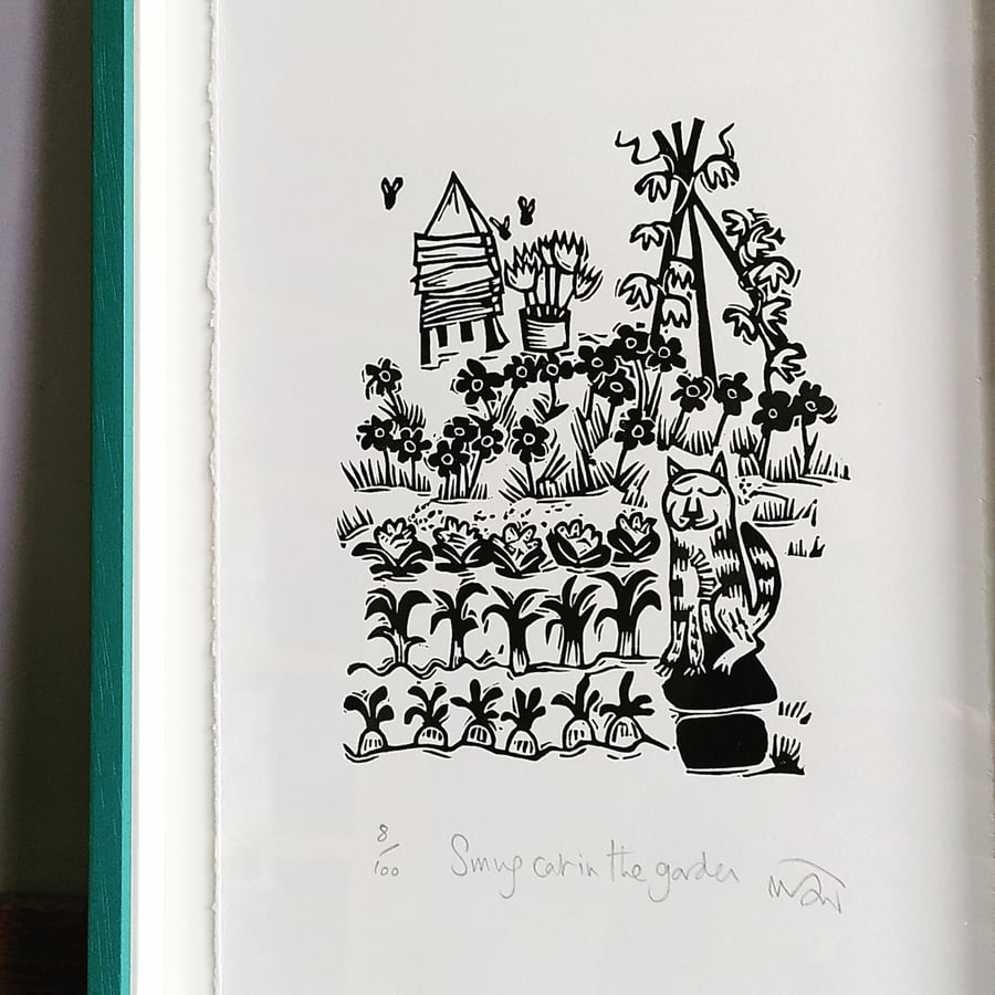 Smug Cat in the Garden - lino cut print