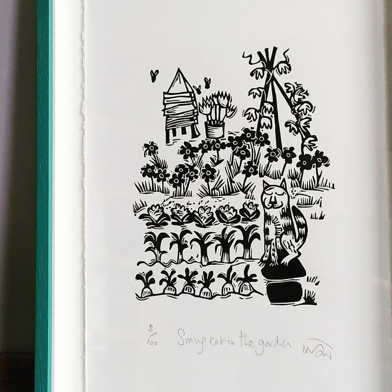 Smug Cat in the Garden - lino cut print