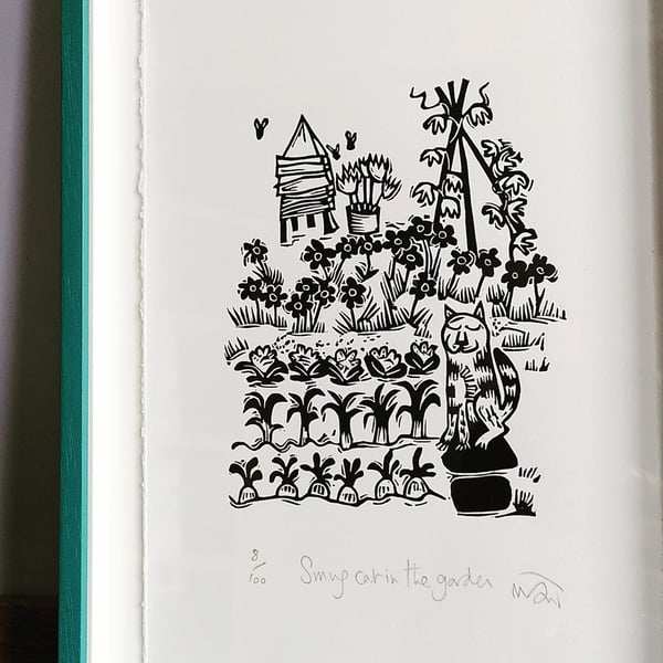 Smug Cat in the Garden - lino cut print