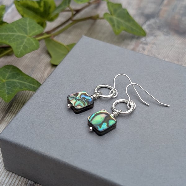 Sterling Silver Hammered Circle Earrings with Abalone Shell Beads  JBJ1096