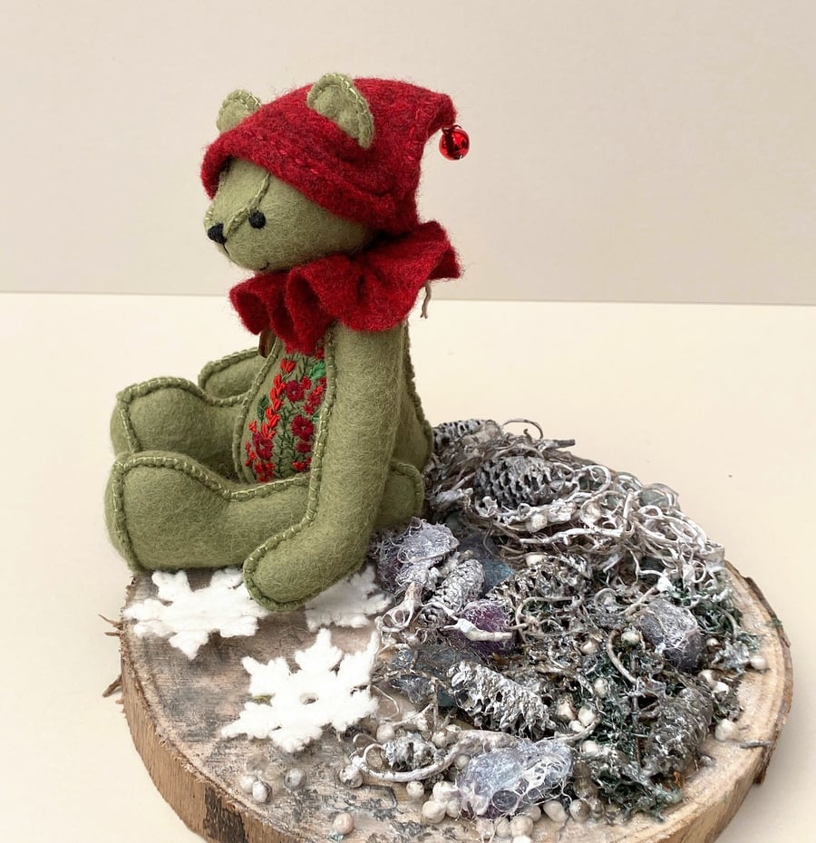 Mixed media display artist teddy bear, winter woodland OOAK collectable bear