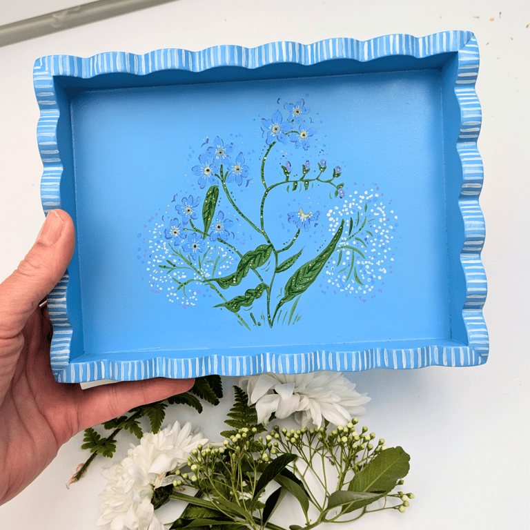 Forget me not hand-painted wooden tea tray, Forget me not ring tray