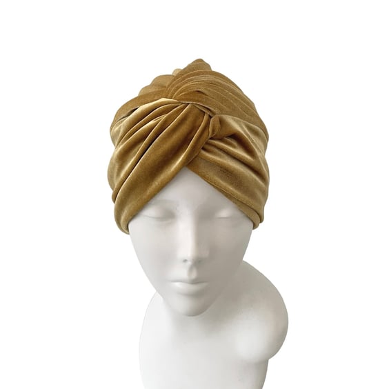 Gold Stretch Velvet Winter Head Wrap Headwear for Women 1940s Vintage Hat