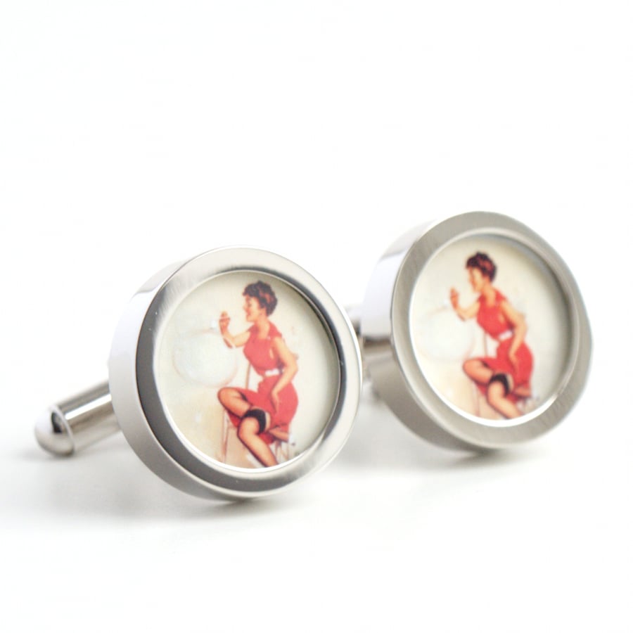 Pin Up Cufflinks of a Girl Blowing Really Big Bubbles