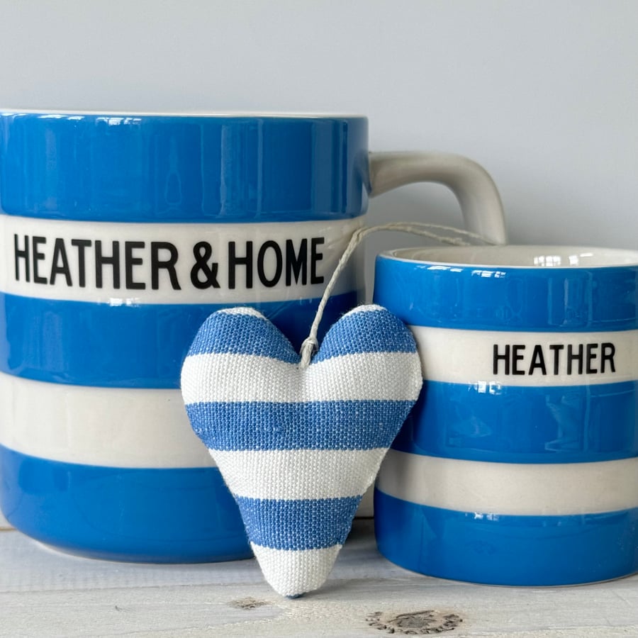 MINI HEART DECORATION - Cornish blue and white stripes, with lavender