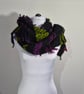 20.Handwoven Long Scarf in Plain Weave in Black, Green and Pink.