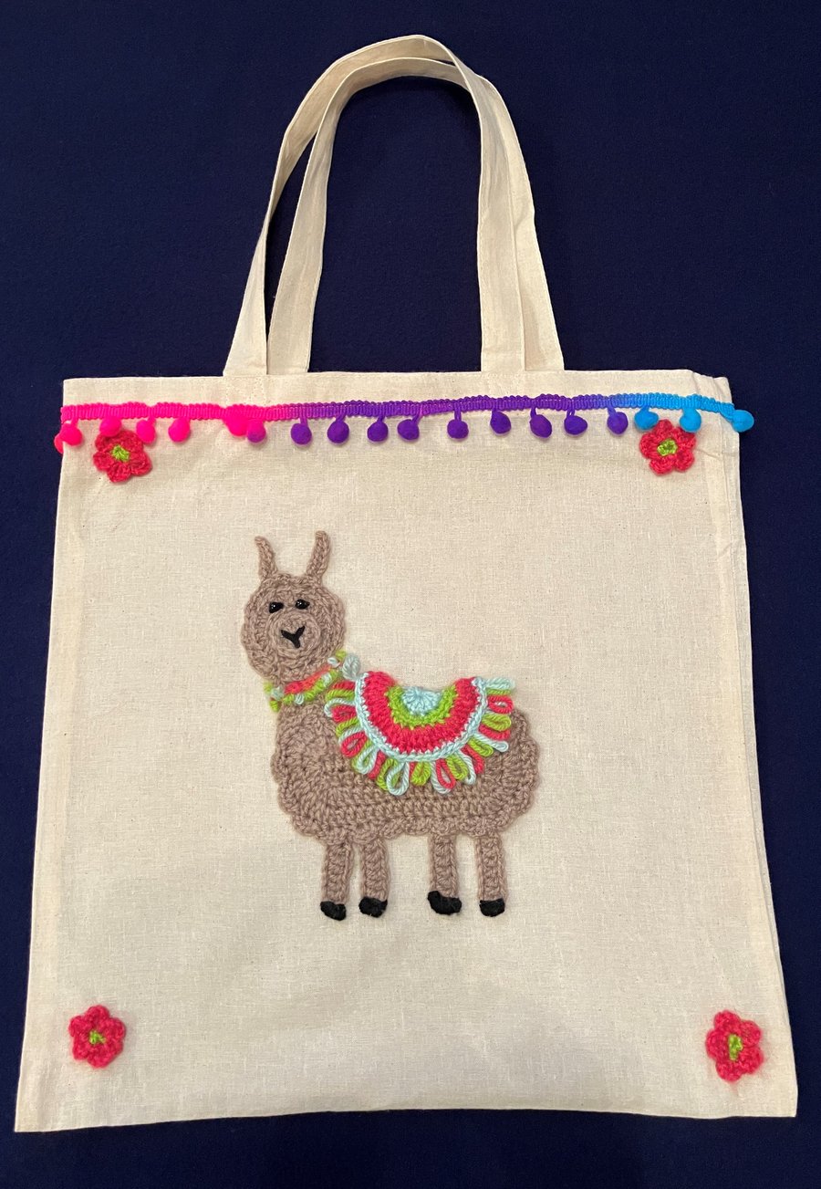 Llama Canvas Tote Bag with pom-pom trim and Pink flowers 