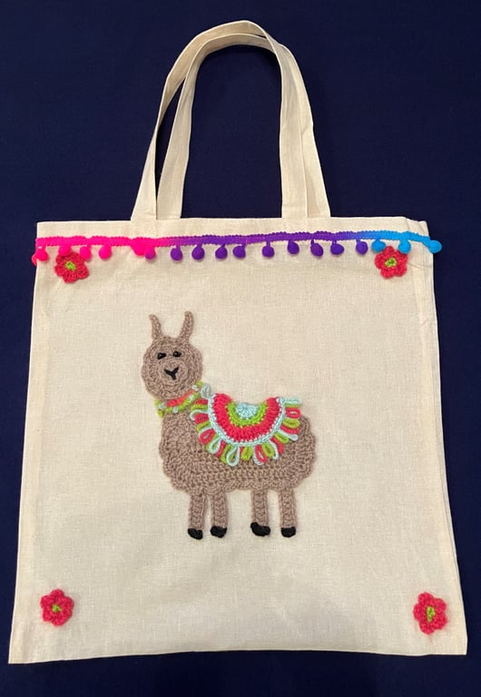 Llama Canvas Tote Bag with pom-pom trim and Pink flowers 