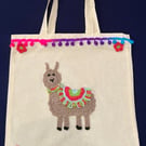 Llama Canvas Tote Bag with pom-pom trim and Pink flowers 