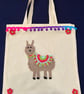 Llama Canvas Tote Bag with pom-pom trim and Pink flowers 