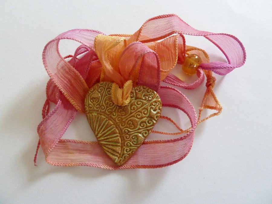 SALE heart ribbon necklace