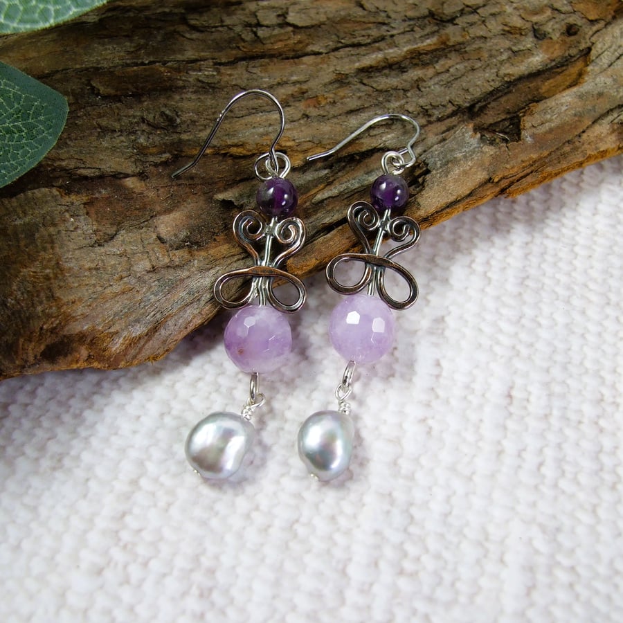 Earrings, Sterling Silver and Copper Filgree Droppers with Amethyst and Pearl