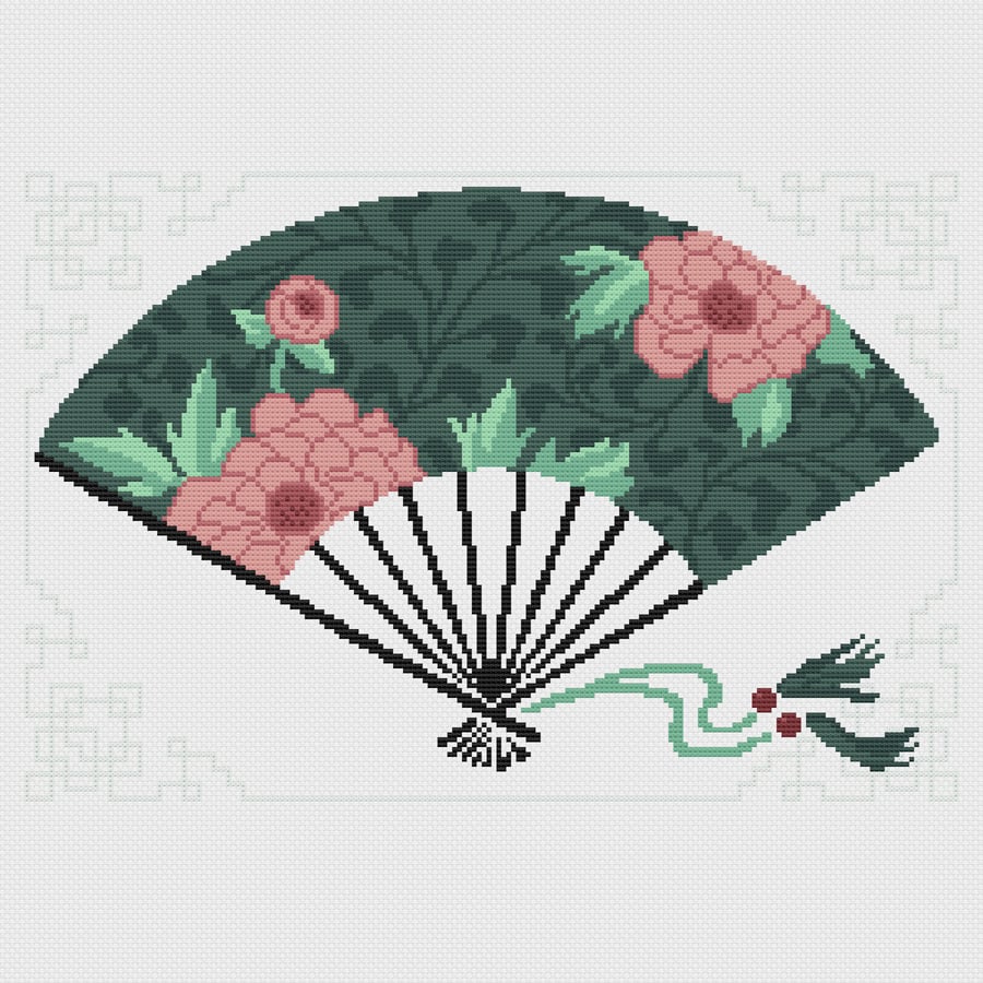 082 - Cross stitch chart, Oriental Japanese Sansu Folding Peony Fan with tassles